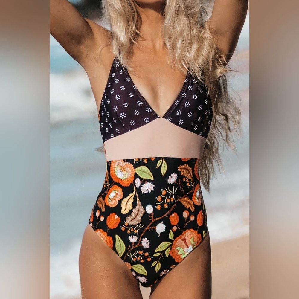Cupshe Black and Orange Floral One Piece Swimsuit